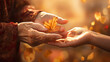 hands of an elderly woman and a young girl in autumn background