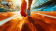 A close-up motion blur image capturing the dynamic movement of running shoes on a vibrant, orange track.