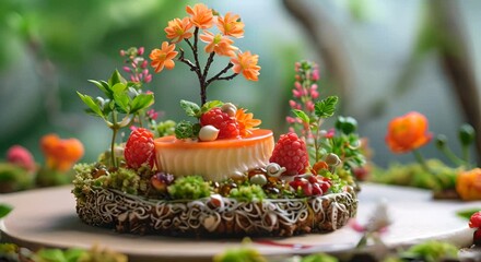 Wall Mural - Dessert plating resembling a miniature garden scene