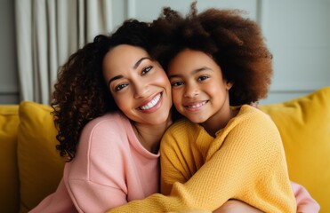 mother daughter hugging on sofa