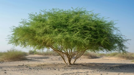 Portrait the Ghaf tree grows abundantly in the arid desert sand dunes of Arabia. generative AI image