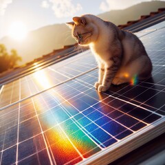 Wall Mural - A cat sitting on solar panels reflecting a rainbow of colors. Witness the adorable cat basking in the warmth of solar energy, proving that even pets are onboard with renewable power sources!
