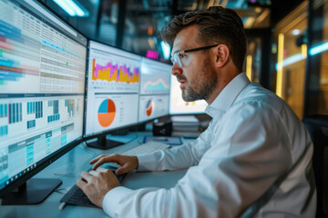 A business analyst deeply engrossed in analyzing customer data on a state-of-the-art technology dashboard in a modern office setting.