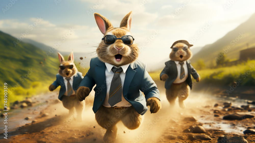 Explore a 3D visualization of a rabbit and tortoise in business suits ...
