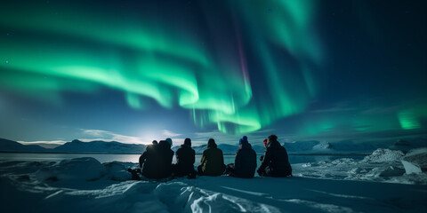 Wall Mural - A group of tourist are watching the northern light aurora borealis at a northern light guided tour	