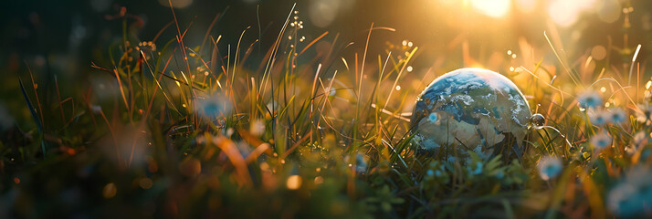 Wall Mural - Nature's Embrace: Earth Globe Resting in Sunlit Grass