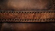 Brown leather background, adorned with dark brown stitching surrounding the edges to act as a border.
