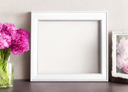 Photo frame mockup room interior with plant and flower