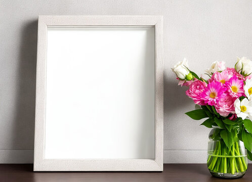 Photo frame mockup room interior with plant and flower