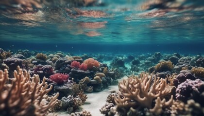 Wall Mural - Underwater coral reef seabed view with horizon and water surface split by waterline