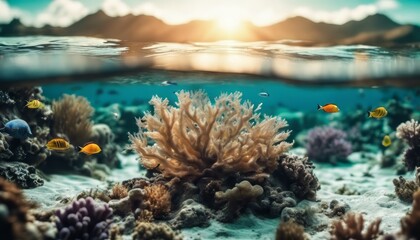 Wall Mural - Underwater coral reef seabed view with horizon and water surface split by waterline