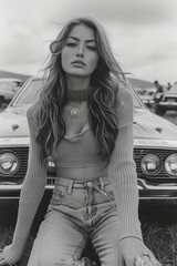 Wall Mural - In a vintage black and white photograph, a 1970s model in a sweater casually sits on the hood of a sports car