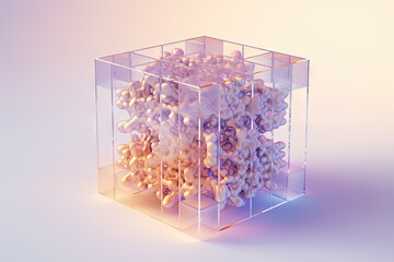 Poster - Ethereal geometric sculpture with a cube shape. Shiny crystal cube structure with vibrant colors in vaporwave and y2k style.