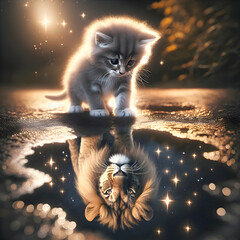 Wall Mural - Cute kitty staring into a water puddle and sees a lion's face reflection with stars