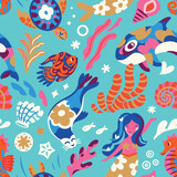 Fototapeta Dinusie - Wonderful whimsical ocean in bright vibrant colours. Vector pattern design