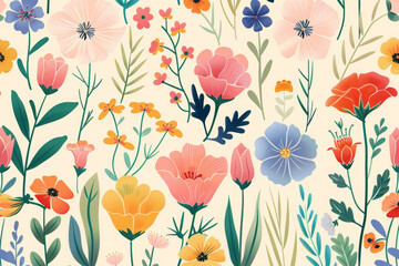 Wall Mural - Pattern with set of flowers on pastel colored background. Variety of spring flowers with green stems are spread out, creating a gentle and romantic floral arrangement