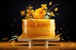 A yellow cake with white frosting and flowers on top. The cake is placed on a table with a yellow background.