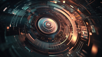 Poster - Technology abstract background with hud styled round interface elements in neon tech light.