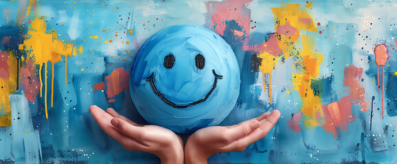 Woman hands holding a blue smiley face