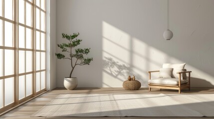 Poster - An empty room interior background with a minimalist Japanese design concept