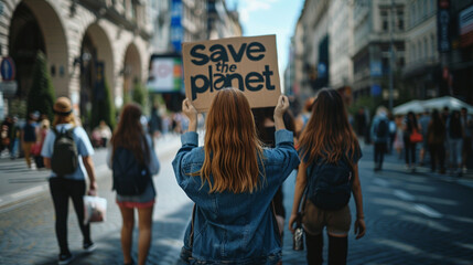 A woman holding a sign that says save the planet. A busy street with many people walking around