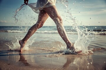 Woman's legs splashing water on the beach, Ocean foam wraps around the woman's legs, happiness summer and vacation lifestyle.
