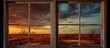 Through a HD double-sided house window, a view of the desert bathed in the golden hues of a sunset is captured. The barren landscape stretches far and wide under a colorful sky,