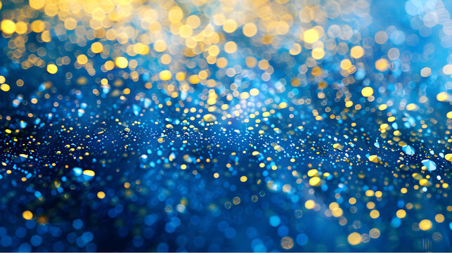 abstract bokeh background of blue and gold glittering lights.