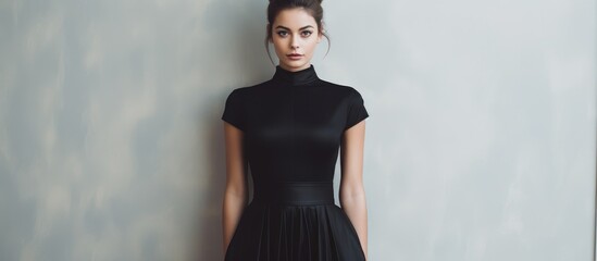 A stylish woman in a black dress striking a pose in front of a blank white wall. The woman showcases elegance and sophistication in her attire as she stands confidently.