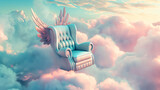 Fototapeta Niebo - Fotel ze skrzydełkami lecący nad chmurami