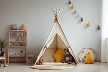 Beautiful Interior Of Kids Room In Light Pastel Colors With Teepee Tent. Generative Ai.