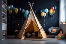 Beautiful Interior Of Kids Room In Dark  Colors With Teepee Tent And Bulbs.  Generative Ai.
