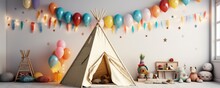 Beautiful Interior Of Kids Room In Light Pastel Colors With Teepee Tent, Banner. Generative Ai.