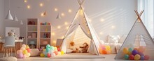 Beautiful Interior Of Kids Room In Light Pastel Colors With Teepee Tent, Banner. Generative Ai.