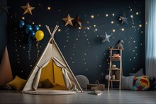 Beautiful Interior Of Kids Room In Dark  Colors With Teepee Tent And Bulbs.  Generative Ai.
