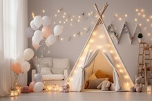 Beautiful Interior Of Kids Room In Light Pastel Colors With Teepee Tent. Generative Ai.