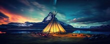 Teepee Tent In The Middle Of Cold Nature With Aurora Lights On The Sky, Banner. Generative Ai.