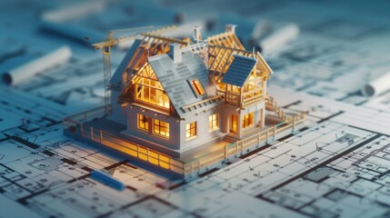Poster - A house model placed on a blueprint, ideal for real estate or construction concepts