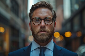 Wall Mural - A sharply dressed businessman with glasses stands before a blurred urban backdrop with a serious expression