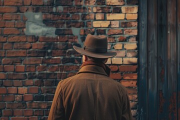 Sticker - A man in a hat standing in front of a brick wall. Suitable for various concepts and designs