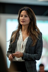 Aufkleber - A professional woman in a business suit holding a cell phone. Suitable for business and technology concepts