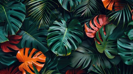 Poster - Vibrant green and orange tropical leaves creating a beautiful backdrop. Perfect for nature-themed designs
