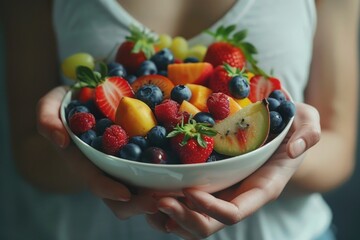Aufkleber - A woman holding a bowl of fruit, suitable for various concepts and designs