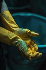 Aufkleber - A person holding a bucket in yellow gloves. Suitable for various concepts and projects