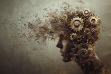 Editorial Photography capturing the metaphorical concept of thoughts as gears on a persons head