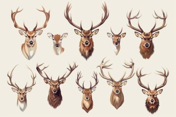 Poster - A collection of deer heads on a plain white background. Suitable for various design projects