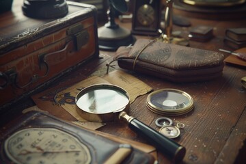 Poster - A collection of diverse objects displayed on a wooden table. Suitable for a variety of concepts