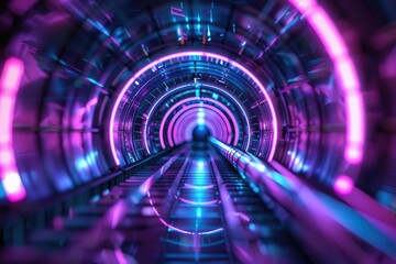 Poster - A train traveling through a tunnel with colorful purple and blue lights. Ideal for transportation and travel concepts