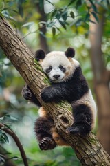 Poster - A cute panda bear sitting on a tree branch. Suitable for nature and wildlife concepts