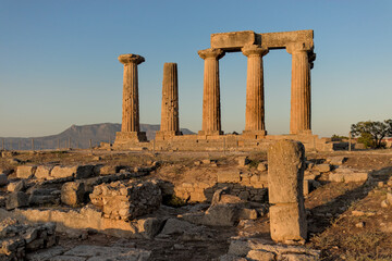 Temple of Apollo ruins in Ancient Corinth, Greece.  Details of columns, pillars, doric architecture.